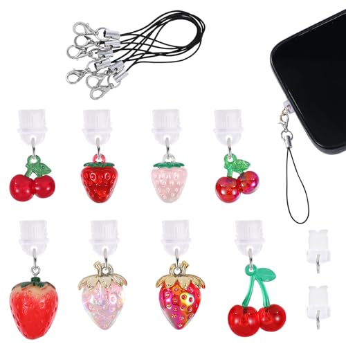 8 Pcs Type C Dust Plug Charm Cute Cell Phone Charms Mobile Dustproof Plugs with Charms for Most Type C USB C Cell Phone(Resin Strawberry Cherry) - color: Red