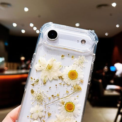 Compatible with iPhone 17 Air Case Clear Cute Real Flowers | Handmade Natural Pressed Dried white Flower Gliter Soft TPU Slim Protective phone cover for iphone 17 Air - color: White Flower, size: iphone Air