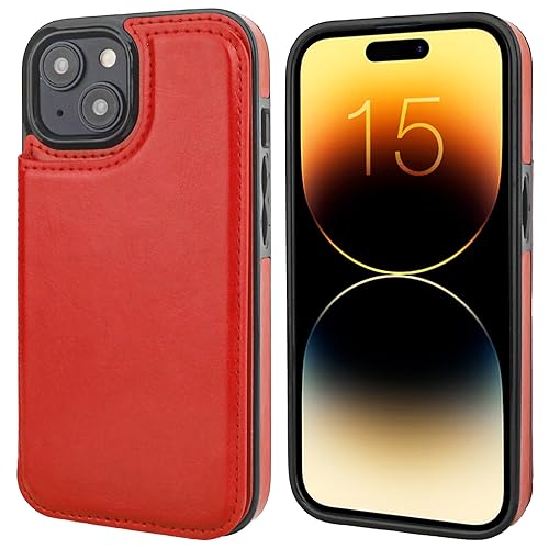 ONETOP for iPhone 15 Wallet Case with Credit Card Holder,Red | Kickstand,ID/Cash Holder,Case Wallet with Card Slots,Double Magnetic Clasp,Durable PU Leather Shockproof Cover for Women Men - color: Red