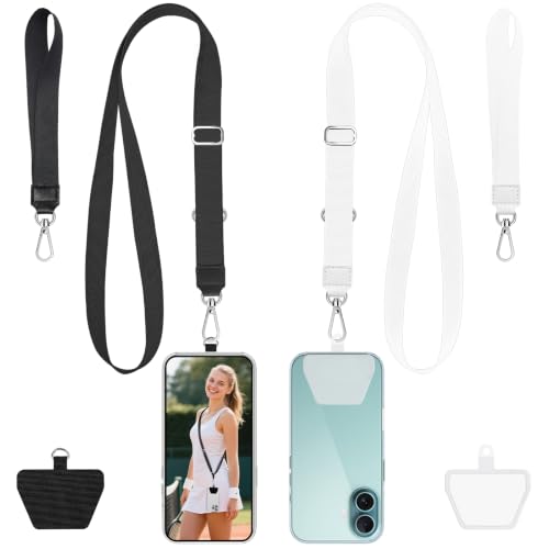 takyu Phone Lanyard, 2 Pack Adjustable Crossbody Neck/Wrist Strap with 2 Pcs Tether Pads, Secure Hands-Free Compatible for iPhone Samsung Perfect for Nurses, Teachers, Travel, Hiking Black+White - color: Black + White