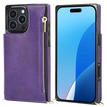 Bocasal Crossbody Wallet Case with Strap for iPhone 16 Pro Max, Purple | RFID Blocking Card Slot Holder, Magnetic Flip Folio Purse Case, PU Leather Zipper Handbag Detachable Lanyard Strap 6.9 Inch - color: Purple