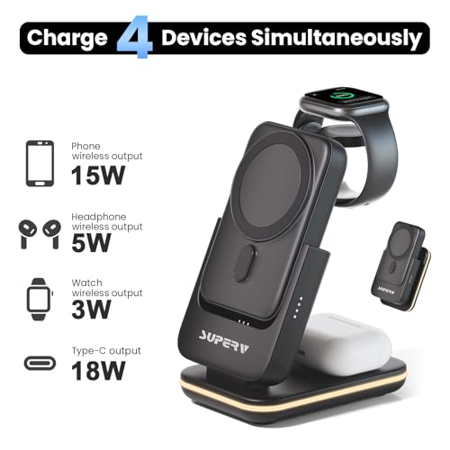 SUPERV 4 in 1 Wireless Charging Station: 5000mAh Removable Power Bank Foldable Charging Stand - Portable Magnetic Battery Pack for iPhone 17/16/15/14/13/12 Series and Apple Watch/AirPods (Black) - color: 4-in-1 Black