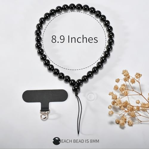 Agate Beaded Phone Wrist Strap for Women Men Stone Beads Charm Handmade Cellphone Chain Lanyard with Tether Tab - color: Black-2, size: 6mm Beads