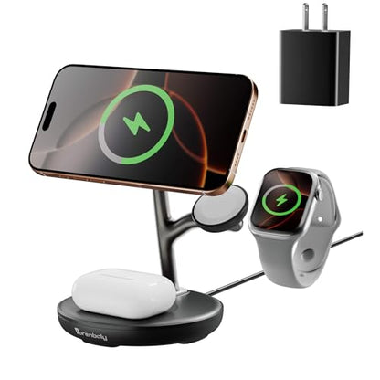 3-in-1 Magnetic Wireless Charging Station,Stand for iPhone 18/17 - color: Black+White