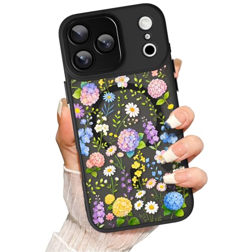 for iPhone 17 Pro Max Case Colorful Floral Design Black | [Compatible with Magsafe] Full Camera Protection for Women Girls Translucent Matte Shockproof Protective Magnetic Cover - color: Black, Hydrangea Flower, size: iPhone 17 Pro Max