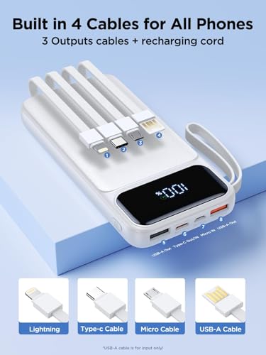 Power Bank, Portable Charger with Built in Cable Fast Charging Battery Pack - color: White