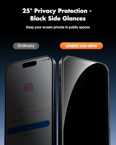 UNBREAKcable iPhone 15 Privacy Screen Protector 2-Pack, Upgraded Dual-Tempered Glass + 2 Camera Lens Protectors, 25° Anti-Spy, Military-Grade 9H+, HD Clear, Anti-Fingerprint, 6.1 Inch - size: iPhone 15