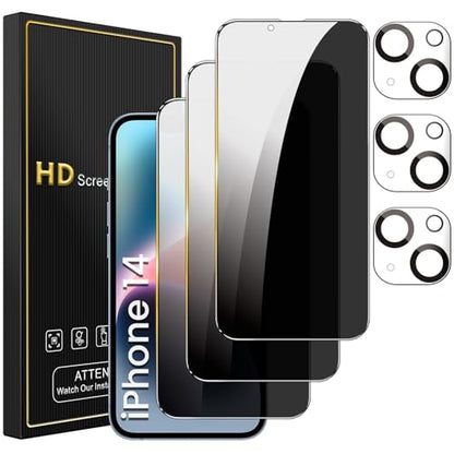 Romkasi 3 Pack Privacy Screen Protector for iPhone 14 6.1 Inch with 3 Pack Camera Lens Protector, Anti Spy Tempered Glass Film, Anti-Scratch, Touch Sensitive, Case Friendly - color: iPhone 14