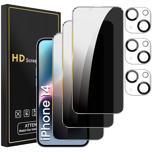 Romkasi 3 Pack Privacy Screen Protector for iPhone 14 6.1 Inch with 3 Pack Camera Lens Protector, Anti Spy Tempered Glass Film, Anti-Scratch, Touch Sensitive, Case Friendly - color: iPhone 14