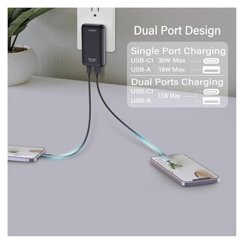 30W USB C Charger Block,Slim Wall Charger Travel Ready Fast Charging Block,2-Port Compact Charger with Foldable Plug for iPhone 17/16 Series, Galaxy, and More,1-Pack(2026 Update) - color: Black(1Pack)