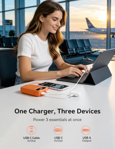 RETMSR Portable Charger 20000mAh 45W USB C Fast Charging, Built-in Cable - color: Sun Orange