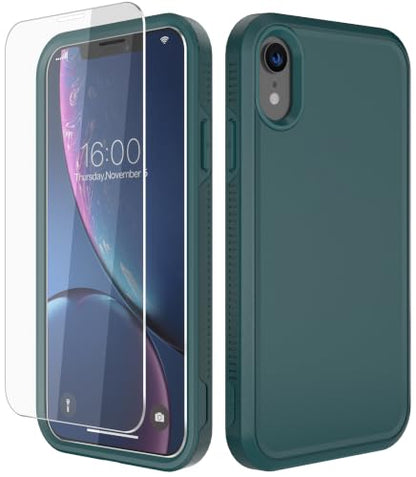 Diverbox for iPhone XR Case [Tempered Glass Screen Protector] [Shockproof] [Dropproof] Heavy Duty Protection Phone Case Cover for Apple iPhone XR (Dark Green) - color: Dark Green-2in1