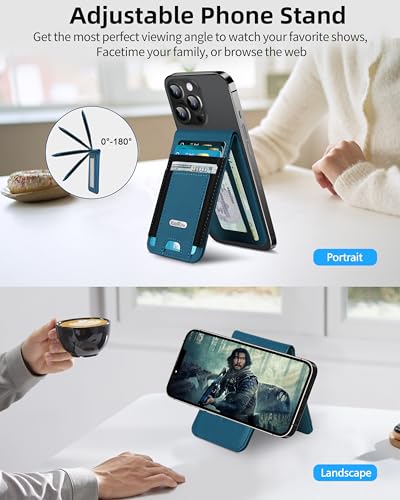 For Magsafe Wallet Stand, Holder 10 Cards, Strongest Magnetic Phone Wallet | Leather Magnetic Card Holder Wallet for iPhone 17/16/15/14/13/12 Series, ID Window, 4 Card Slots, RFID Blocking, Blue - color: Blue