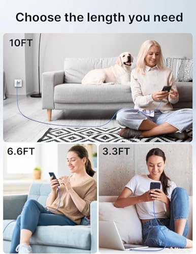 JSAUX USB C Cable Fast Charging, USB to USB C Cable 3-Pack (10+6.6+3.3FT) - color: Blue, size: 3.3ft+6.6ft+10ft