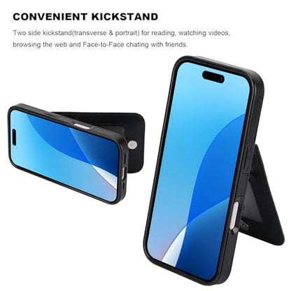KIHUWEY for iPhone 16 Pro Wallet Case Card Holder Kickstand, Black | Credit Card Slots, PU Leather, Magnetic Clasp, Flip Heavy Duty Protection Cover for Men and Women - color: Black