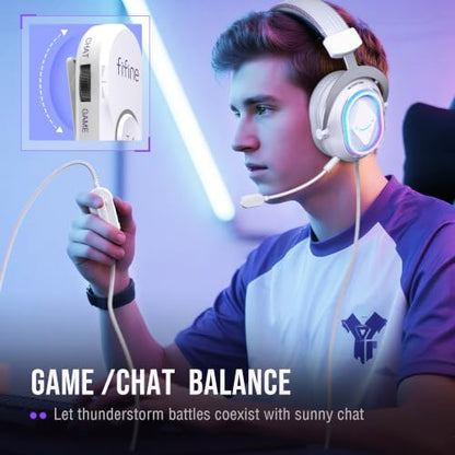 FIFINE AmpliGame H13WP USB Gaming Headset Wired, Customizable RGB Light - color: White and Purple