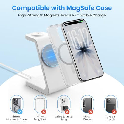 Magnetic Wireless Charging Station for iPhone: 3 in 1 15W Fast Charging for iPhone 17-12, Apple Watch & AirPods, N52 Magnets & 30W Adapter Included (Office/Bedside/Desk) - color: Matte White