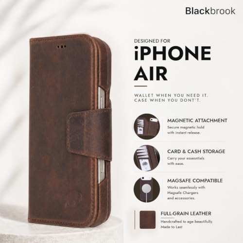 BLACKBROOK Detachable Leather Wallet Case Compatible with iPhone Air | Full-grain detachable folio with RFID blocking, 3 card slots, ID window, built-in kickstand, wireless charging, handcrafted. - color: Distressed Coffee, size: iPhone 17 Air