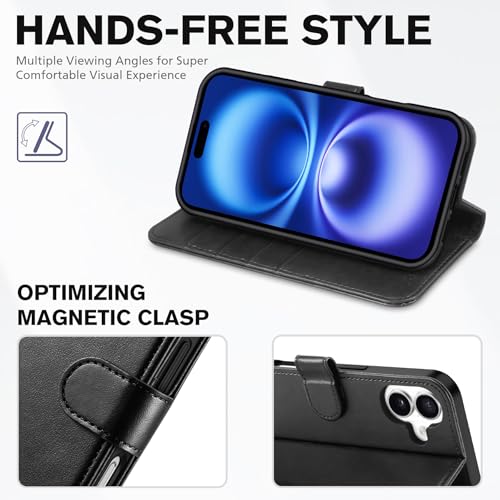 TUCCH Wallet Case for iPhone 16 (6.1") 2024, 4 Card Holders, Black | RFID Blocking, Viewing Stand, Shockproof TPU Shell, PU Leather, Magnetic Closure, Protective Folio Flip Cover - color: Black