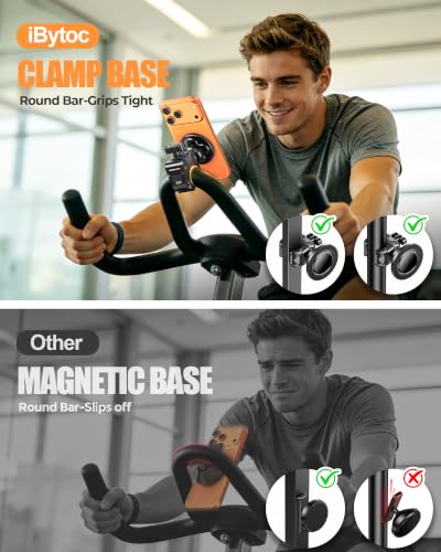 Magnetic Gym Stroller Phone Holder with Clamp, 16 x N55 Strong Magnet Phone Mount, 360° Rotating & 60° Tilt for Treadmill/Exercise Bike/Golf Cart/Shopping Cart, Fit for iPhone 12-17