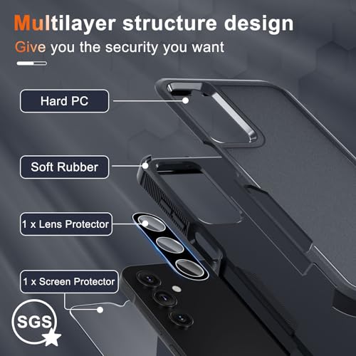 Case for Samsung Galaxy A15 5G, Full Body Heavy Duty Rugged Shockproof Protective Phone Cover with Lanyard Strap, Tempered Glass Screen Protector and Camera Lens Cover, Black Matte | Rugged Shockproof Protective Phone Case with Lanyard Strap,Tempered Glas