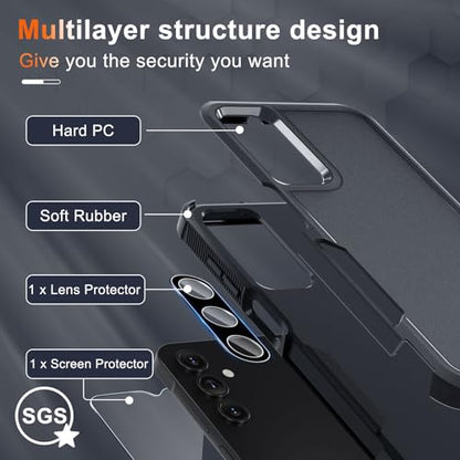 Case for Samsung Galaxy A15 5G, Full Body Heavy Duty Rugged Shockproof Protective Phone Cover with Lanyard Strap, Tempered Glass Screen Protector and Camera Lens Cover, Black Matte | Rugged Shockproof Protective Phone Case with Lanyard Strap,Tempered Glas