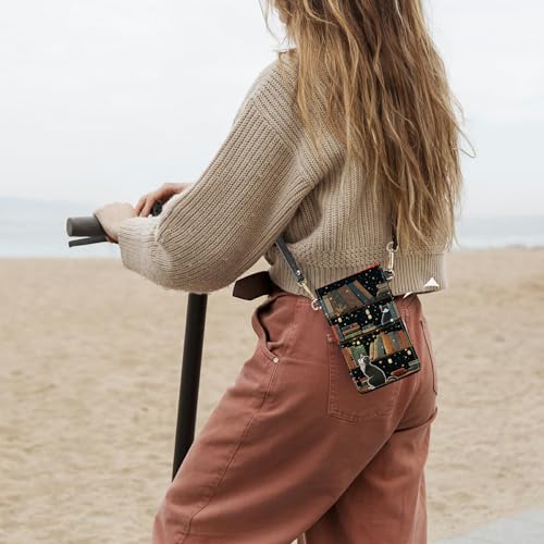 Small Crossbody Bags with Adjustable Shoulder Strap - color: Cute Cat Bookshelf