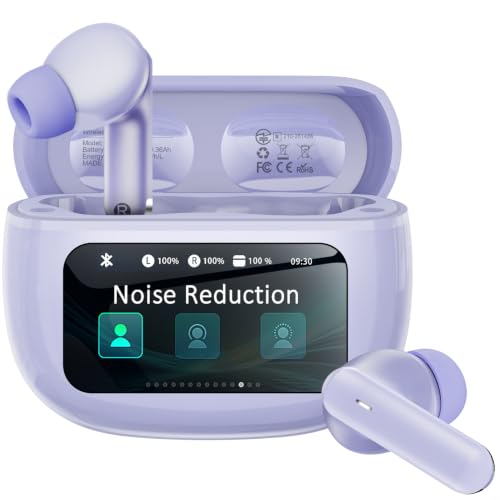Wireless Earbuds with Smart Touchscreen Case, Bluetooth 6.0 Ear Buds with AI Noise Cancelling Calls, 40H Playtime Stereo Headphones, IPX7 Waterproof Earbuds for Workout, Travel, iPhone,Android,Purple - color: Purple