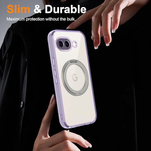 Magnetic Case for Google Pixel 10a Phone 2026 with Rotating Stand, Slim Non-Yellowing Transparent Clear Shockproof Cover with Wireless Charging (Purple) - color: Purple, size: Pixel 10a