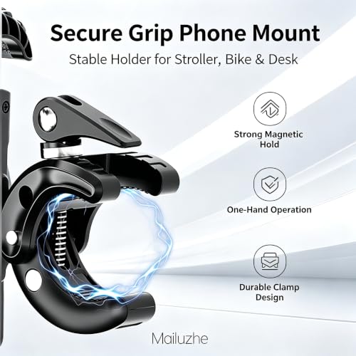 Magnetic Phone Holder Clamp Mount, 360° Adjustable Phone Mount for Treadmill, Golf Cart, Stroller, Shopping Cart & Exercise Equipment, MagSafe Compatible Smartphone Holder for iPhone and Android