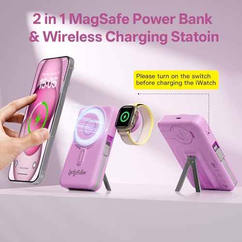 Magnetic Portable Charger Built-in Cables,10000mAh Fast Charging Wireless Charger Station External Battery Pack Slim Pocket Size Power Bank with Stand Compatible with iWatch, iPhone - color: Purple