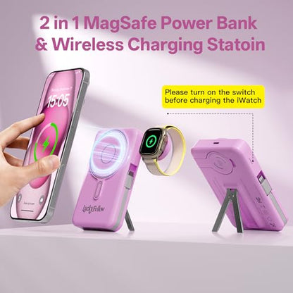 Magnetic Portable Charger Built-in Cables,10000mAh Fast Charging Wireless Charger Station External Battery Pack Slim Pocket Size Power Bank with Stand Compatible with iWatch, iPhone - color: Purple
