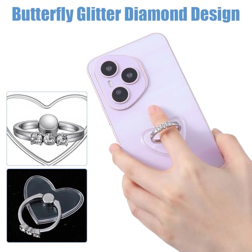 2 Pack Cell Phone Finger Ring Stand with Sparkly Diamond, Heart Clear Phone Grip, Transparent Adjustable Anti Drop Heart Shape Ring Holder 360° Rotation Finger Stand for Smartphones and Tablets