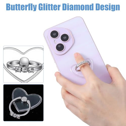 2 Pack Cell Phone Finger Ring Stand with Sparkly Diamond, Heart Clear Phone Grip, Transparent Adjustable Anti Drop Heart Shape Ring Holder 360° Rotation Finger Stand for Smartphones and Tablets