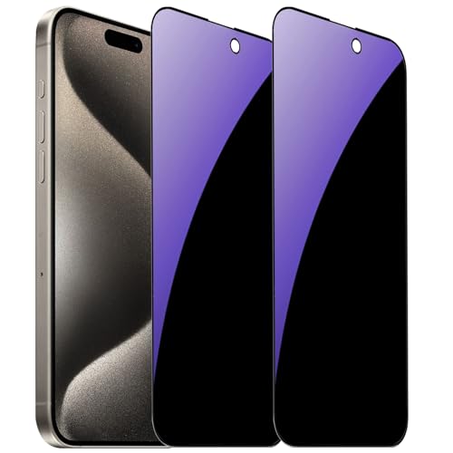 2 Pack Anti-Blue Privacy Tempered Glass for iPhone 15 Pro Anti-Spy Screen Protector Anti-Peeping Film Anti-scratch Full Covered 6.1 inch (Blue) - size: For iPhone 15 Pro