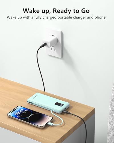 charmast Portable Charger Power Bank 10000mAh with Built-in AC Wall Plug - color: Cyan