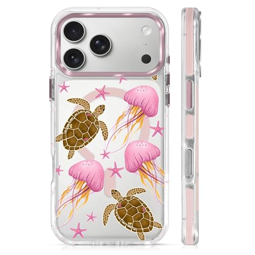 VisEnt Clear Case for iPhone 17 Pro Max, Magnetic Phone Case, Transparent Slim Cover, Military Grade Protection, Shockproof, Anti-Yellowing, Scratch Resistant, Pink Jellyfish Sea Turtle - color: Pink Jellyfish Sea Turtle, size: Iphone 17 Pro Max