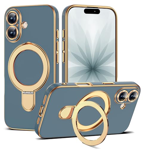 Compatible with iPhone 17 Case with Magnetic Ring Stand [Compatible with Mag-Safe] [Full Camera Lens Protector] Soft Plating Phone Case for iPhone 17 6.3", Grey Blue - color: Grey Blue, size: Iphone 17