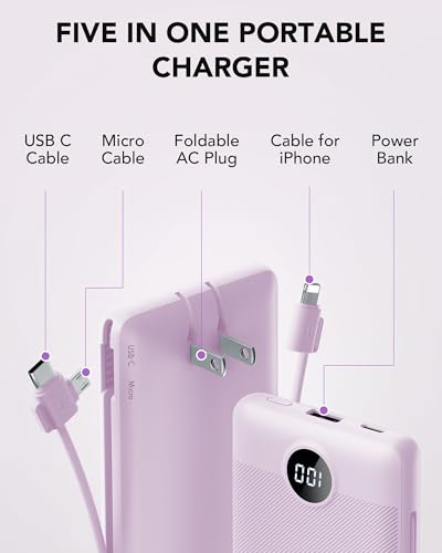 VRURC Portable Charger, Power Bank Built-in Cables and AC Wall Plug - color: Purple