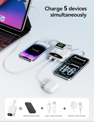 Portable Charger 10000mAh 22.5W Power Bank Built-in 2 Cables Keychain | Charge 5 Devices, TSA approved, Travel Fast Charging Battery Pack for iPhone Samsung Google Android & iWatch Charger, White - color: White