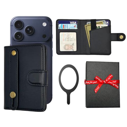 for MagSafe Phone Wallet Magnetic Card Holder for iPhone 17/16/15/14/13/12/Pro/Max/Plus,RFID Blocking Strong Magnet Wallets for MagSafe Phones and Cases,Hold 5 Cards,Strap Stand (Black) - color: Black