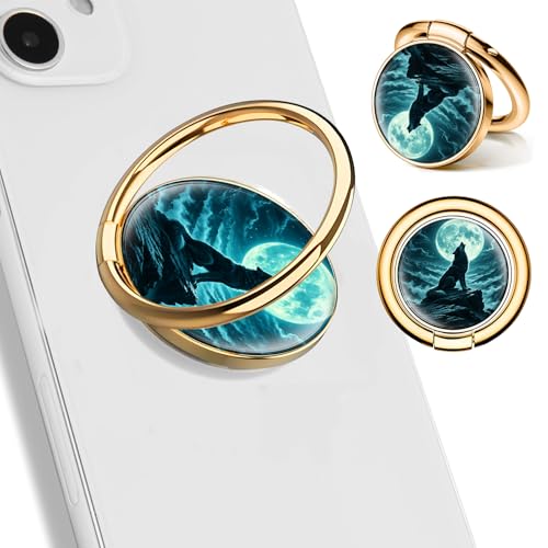 Cell Phone Ring Holder, Cute Phone Ring Grip Stand, 360°Rotation Funny Metal Kickstand Finger Grip Cool Moon Wolf - color: Cool Moon Wolf