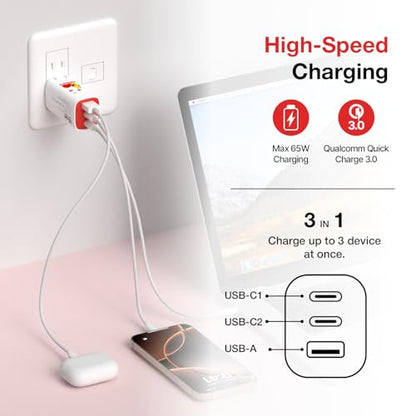 Haribo 65W USB C Charger, 3-Port GaN Fast Charger Block, PD3.0 QC4+,Red - color: Red
