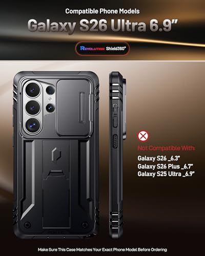 Poetic Revolution Case for Samsung Galaxy S26 Ultra, [Slide Camera Cover], [20FT Mil-Grade Drop Tested], Full-Body Military Grade Rugged Dual-Layer Shockproof Cover with Kickstand, Black - color: Black, size: Galaxy S26 Ultra