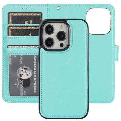 Bocasal Detachable Wallet Case Card Holder for iPhone 14 Pro, Light Blue | RFID Blocking Kickstand Card Slots Holder PU Leather Magnetic Shockproof Wrist Strap Removable Flip Protective Cover 6.1 inch - color: Light Blue