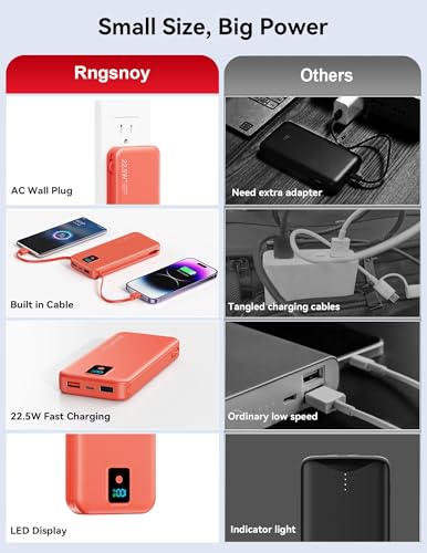 Portable Charger 12000mAh 22.5W w/Built-in Cable & Wall Plug Red - color: Red