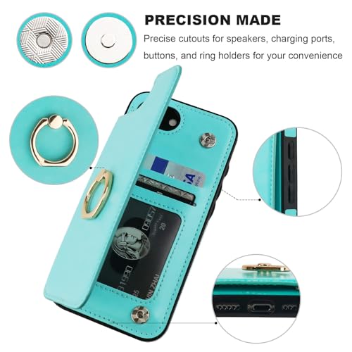ONETOP for iPhone 17e/16e Wallet Case with Credit Card Holder,LightBlue | 360° Rotation Ring Kickstand,Finger Grip,Double Magnetic Clasp,RFID Blocking PU Leather Shockproof Cover for Women Men - color: Light Blue