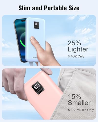 AsperX 2-Pack 10000mAh Portable Charger Built-in USB C Cables, LED Display - color: Bule+pink