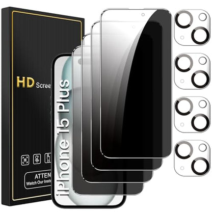 Romkasi 4 Pack Privacy Screen Protector for iPhone 15 Plus 6.7 Inch with 4 Pack Camera Lens Protector, Anti Spy Tempered Glass Film, Anti-Scratch, Touch Sensitive, Case Friendly - color: iPhone 15 Plus