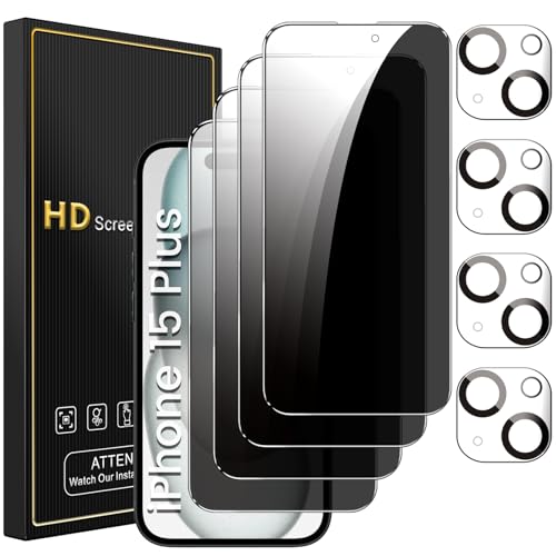 Romkasi 4 Pack Privacy Screen Protector for iPhone 15 Plus 6.7 Inch with 4 Pack Camera Lens Protector, Anti Spy Tempered Glass Film, Anti-Scratch, Touch Sensitive, Case Friendly - color: iPhone 15 Plus
